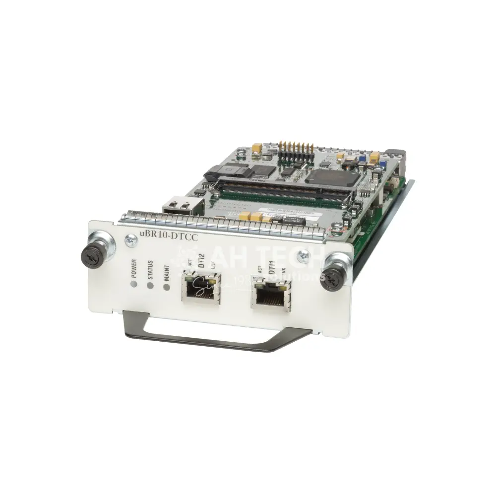uBR10-DTCC network module with two RJ-45 Ethernet ports, status LEDs, and a mounting bracket