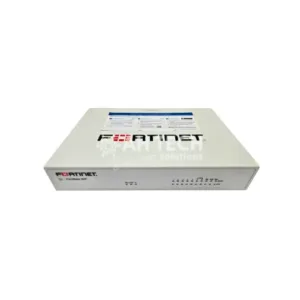 Fortinet network firewall appliance (FortiGate) in a white 1U rack-mount box with LED indicators on the front panel