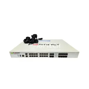 Fortinet FortiGate firewall appliance with multiple network ports and a power cord on top.