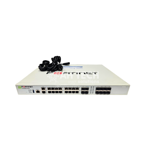 Fortinet network security appliance (switch) with multiple Ethernet ports and a power cord on top of the unit's front panel area.