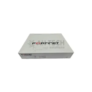 White Fortinet network security appliance (FortiGate) viewed from the side with front indicators.