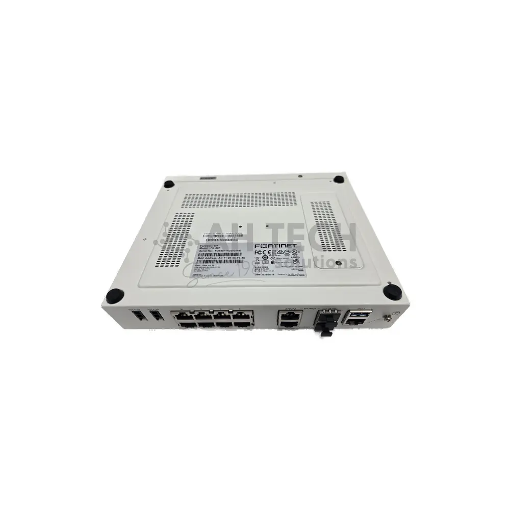 Rear view of a white Fortinet network firewall appliance with multiple Ethernet ports and ventilation grills on the back panel.