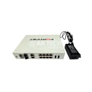 White network switch with multiple Ethernet ports and a separate power adapter shown beside it.